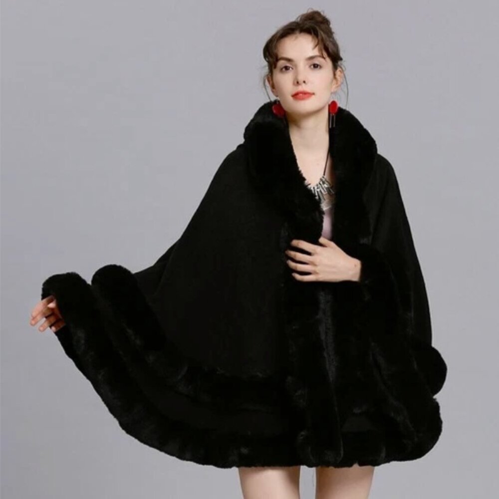 Double Layer Imitated Rex Fur Cape Coat Hooded Shawl Winter Women Knit Poncho BL